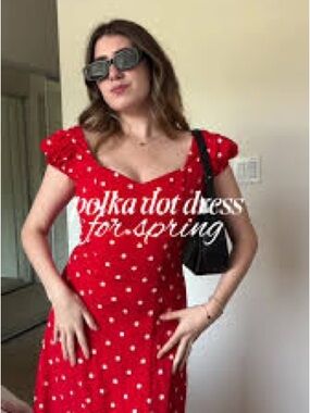Express Red Polka Dot Midi Dress with Puff Sleeves